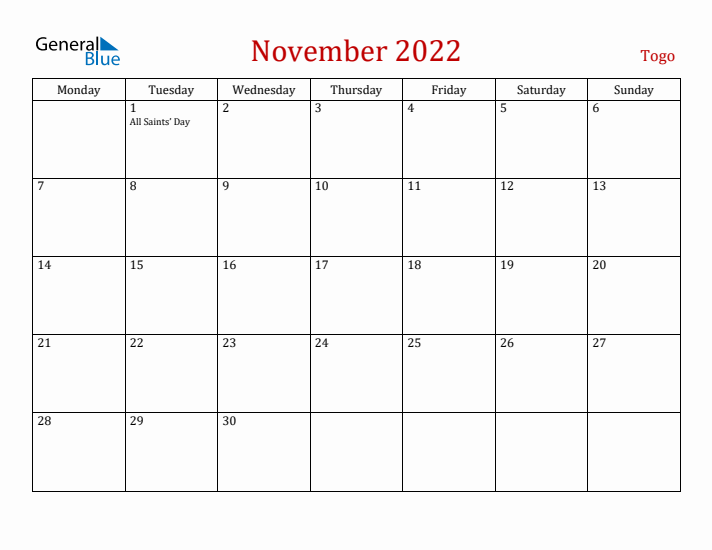 Togo November 2022 Calendar - Monday Start