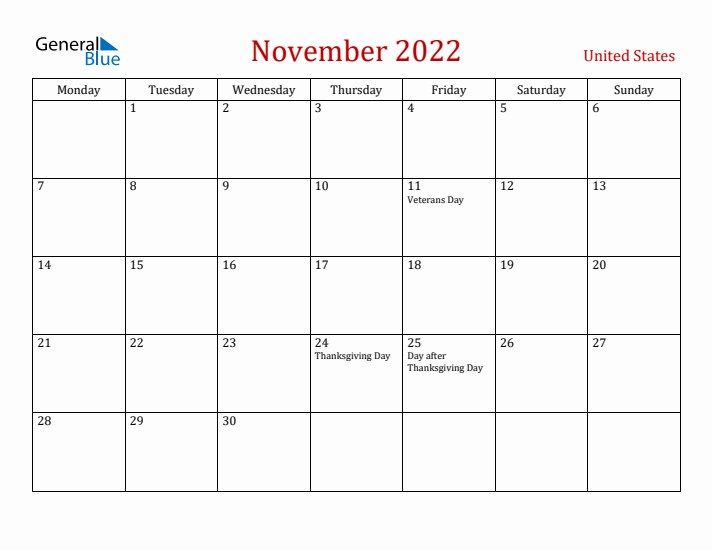 United States November 2022 Calendar - Monday Start