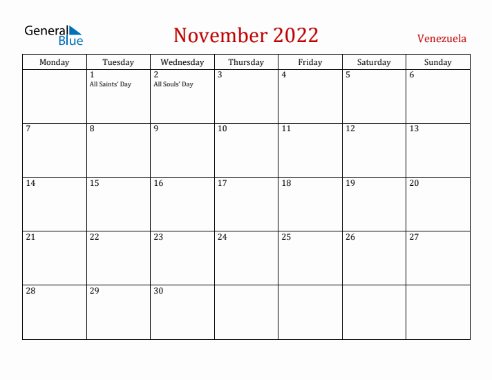Venezuela November 2022 Calendar - Monday Start