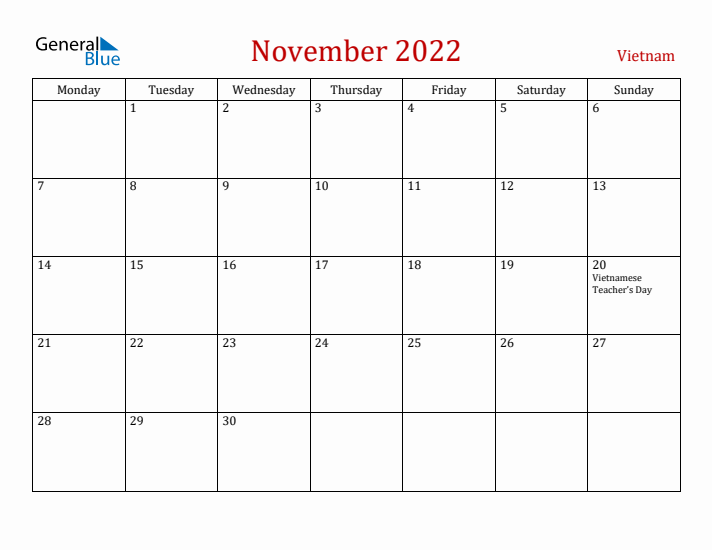 Vietnam November 2022 Calendar - Monday Start