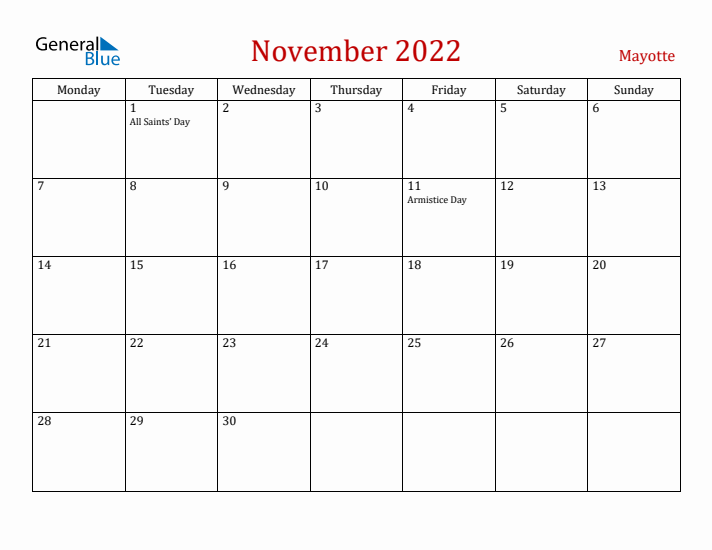 Mayotte November 2022 Calendar - Monday Start