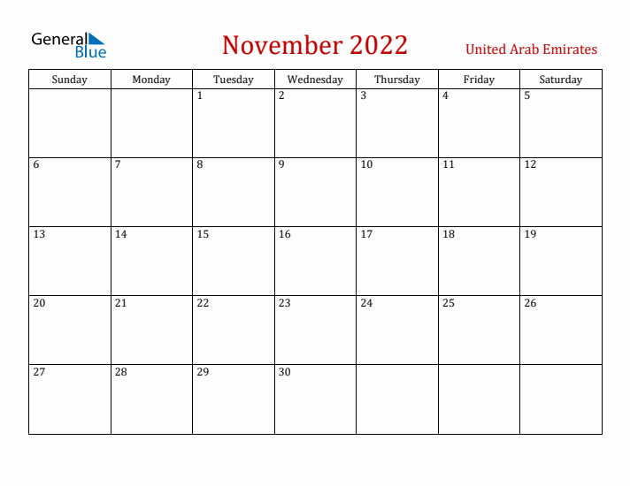 United Arab Emirates November 2022 Calendar - Sunday Start