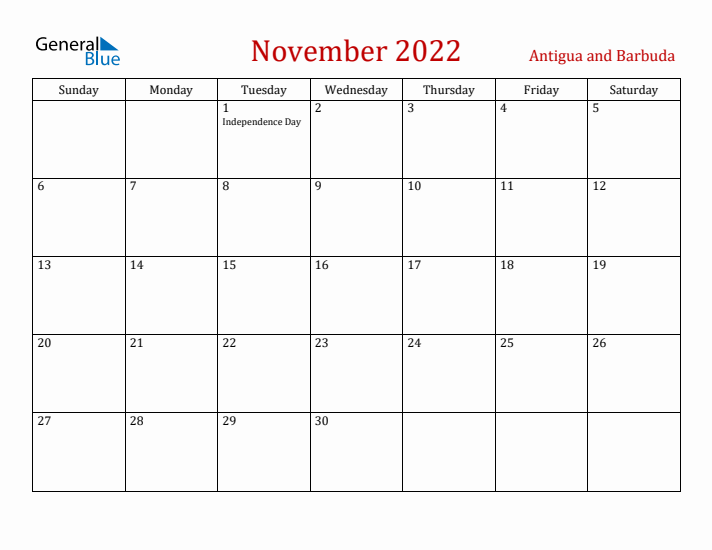 Antigua and Barbuda November 2022 Calendar - Sunday Start