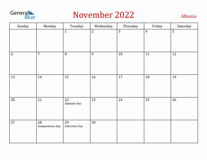 Albania November 2022 Calendar - Sunday Start