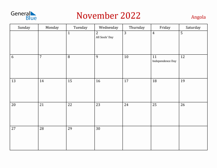 Angola November 2022 Calendar - Sunday Start