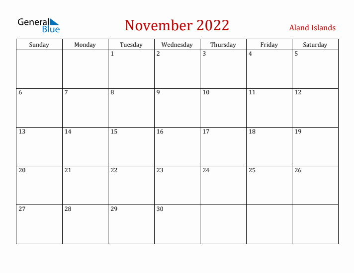 Aland Islands November 2022 Calendar - Sunday Start
