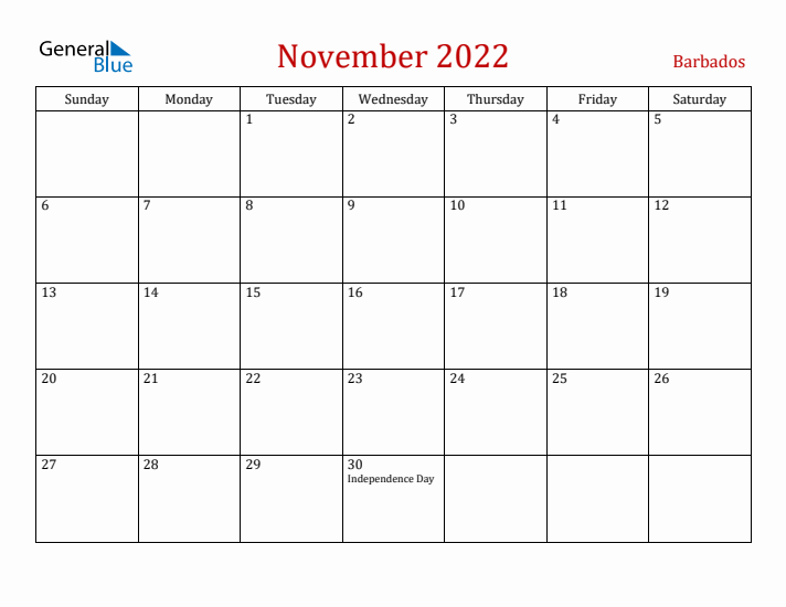 Barbados November 2022 Calendar - Sunday Start