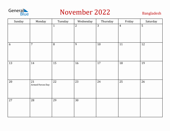 Bangladesh November 2022 Calendar - Sunday Start