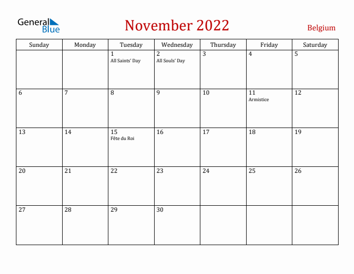 Belgium November 2022 Calendar - Sunday Start