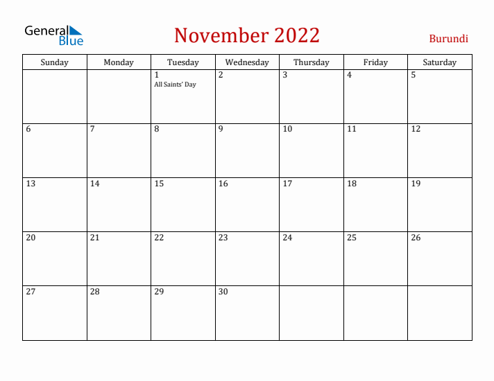 Burundi November 2022 Calendar - Sunday Start