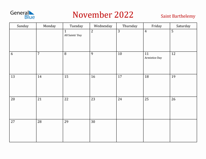 Saint Barthelemy November 2022 Calendar - Sunday Start