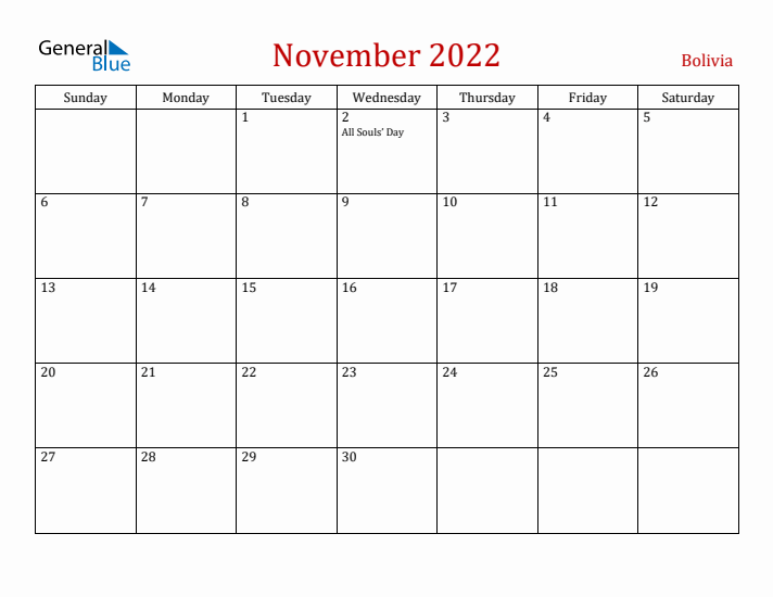 Bolivia November 2022 Calendar - Sunday Start