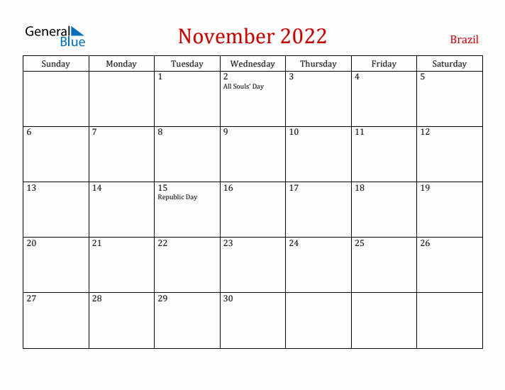 Brazil November 2022 Calendar - Sunday Start