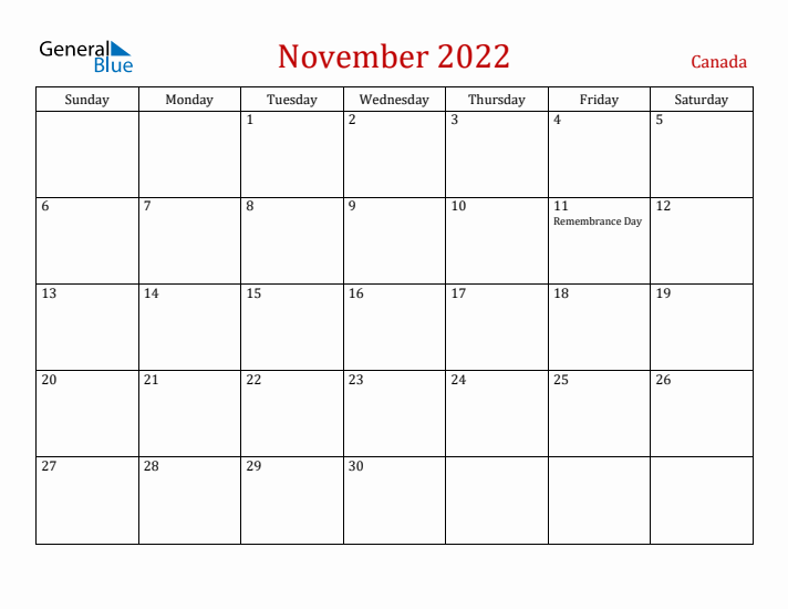 Canada November 2022 Calendar - Sunday Start