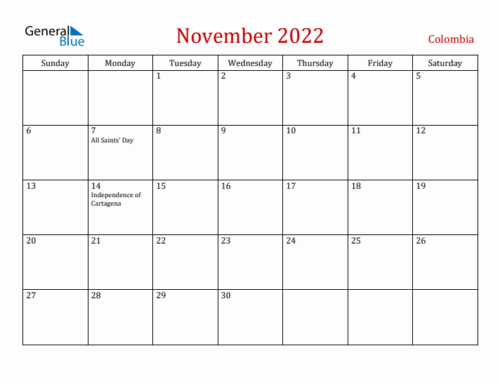 Colombia November 2022 Calendar - Sunday Start