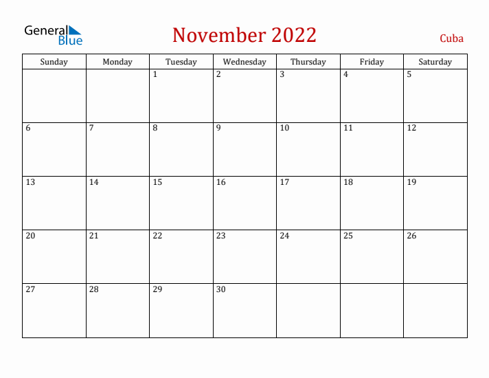 Cuba November 2022 Calendar - Sunday Start