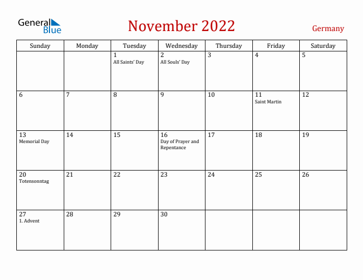 Germany November 2022 Calendar - Sunday Start