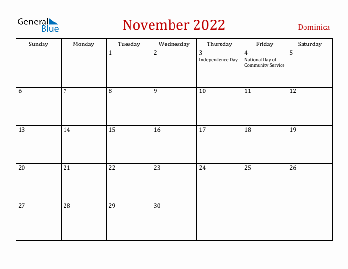 Dominica November 2022 Calendar - Sunday Start