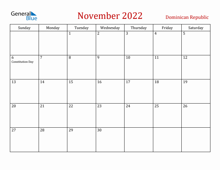 Dominican Republic November 2022 Calendar - Sunday Start