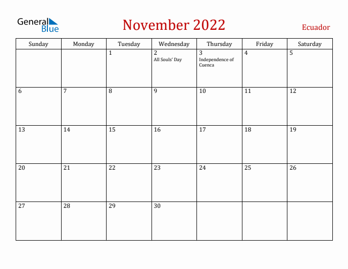 Ecuador November 2022 Calendar - Sunday Start