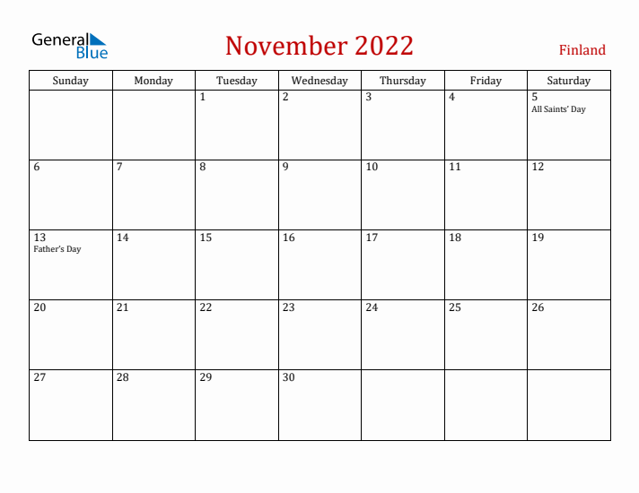 Finland November 2022 Calendar - Sunday Start