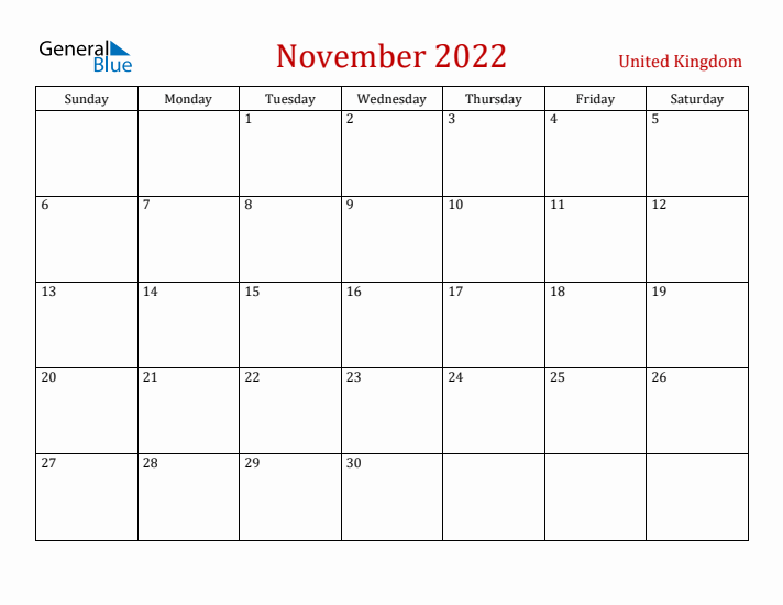 United Kingdom November 2022 Calendar - Sunday Start