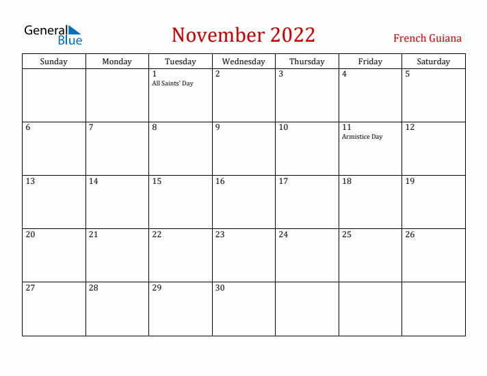 French Guiana November 2022 Calendar - Sunday Start