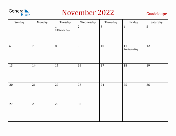 Guadeloupe November 2022 Calendar - Sunday Start