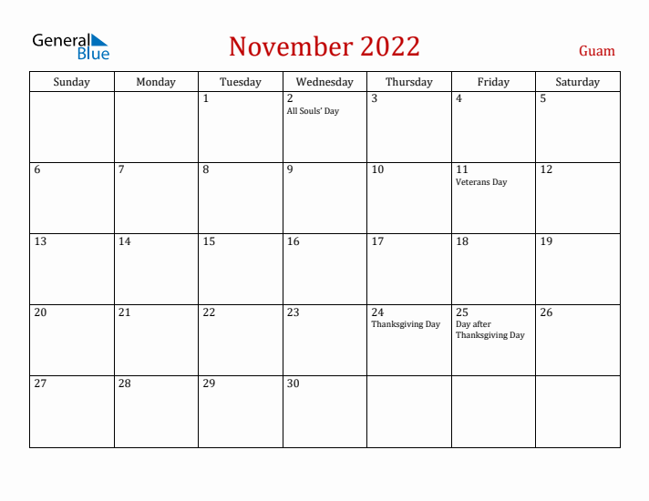 Guam November 2022 Calendar - Sunday Start