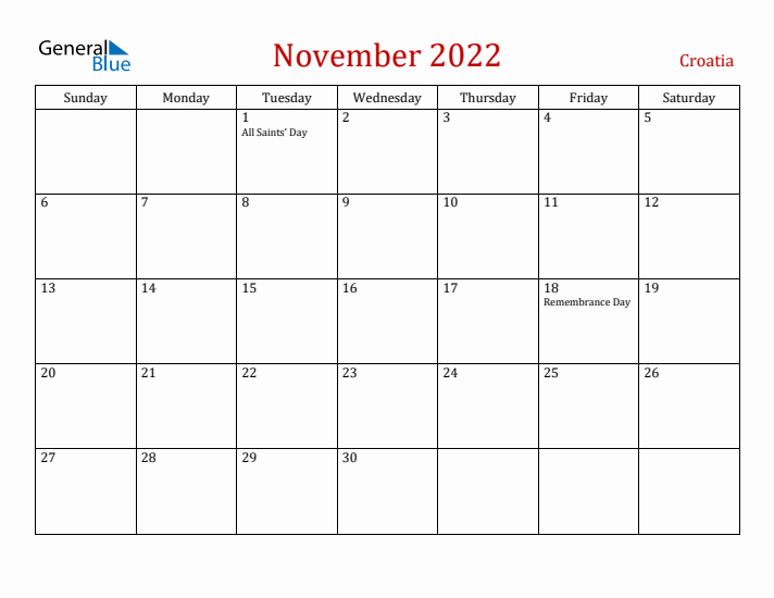 Croatia November 2022 Calendar - Sunday Start