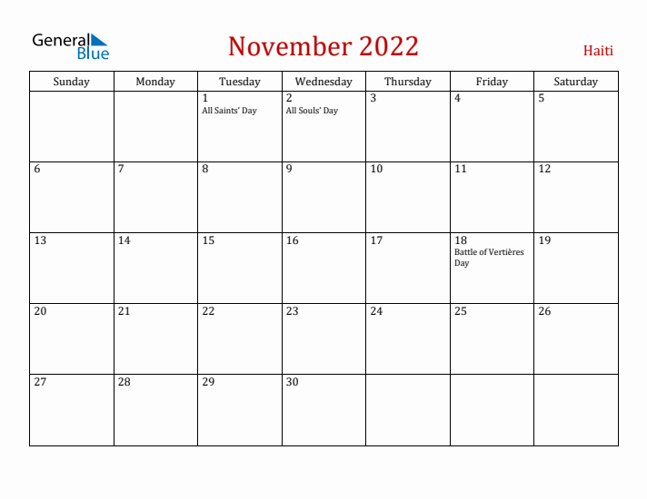 Haiti November 2022 Calendar - Sunday Start