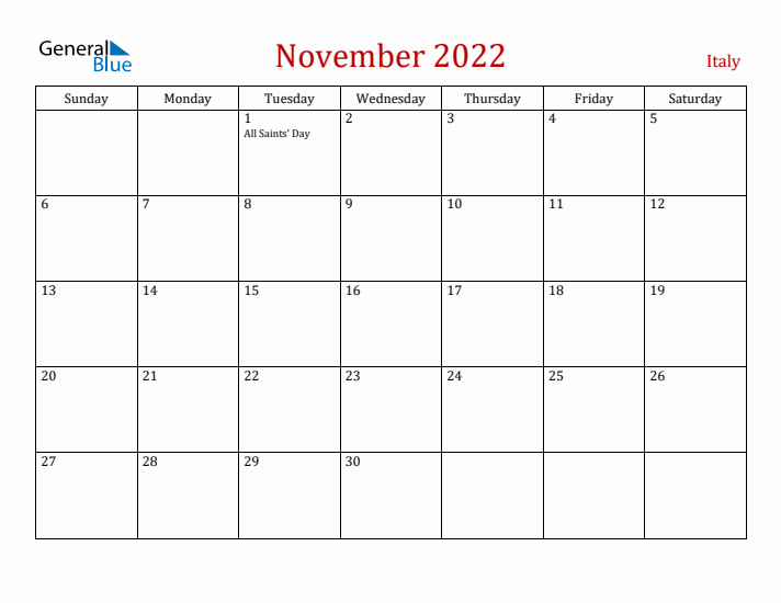 Italy November 2022 Calendar - Sunday Start