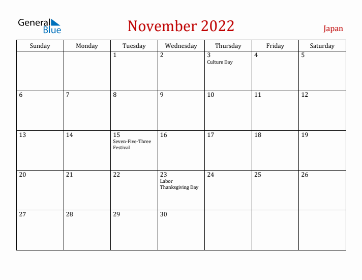 Japan November 2022 Calendar - Sunday Start