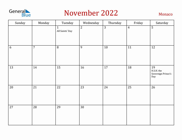 Monaco November 2022 Calendar - Sunday Start