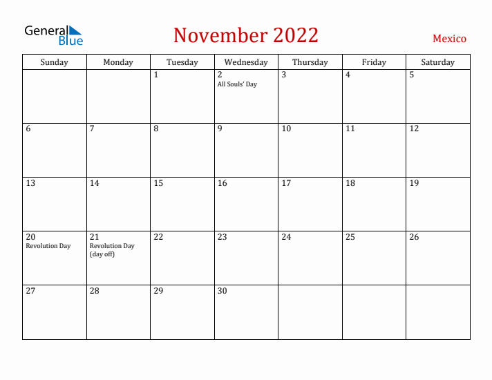 Mexico November 2022 Calendar - Sunday Start