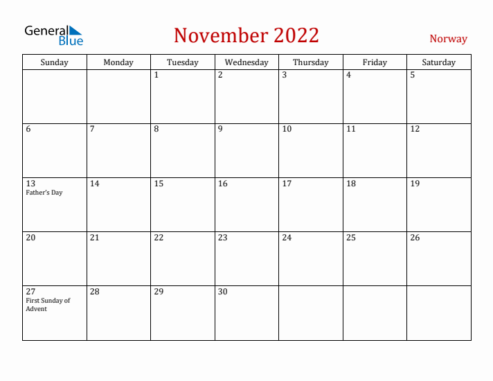 Norway November 2022 Calendar - Sunday Start