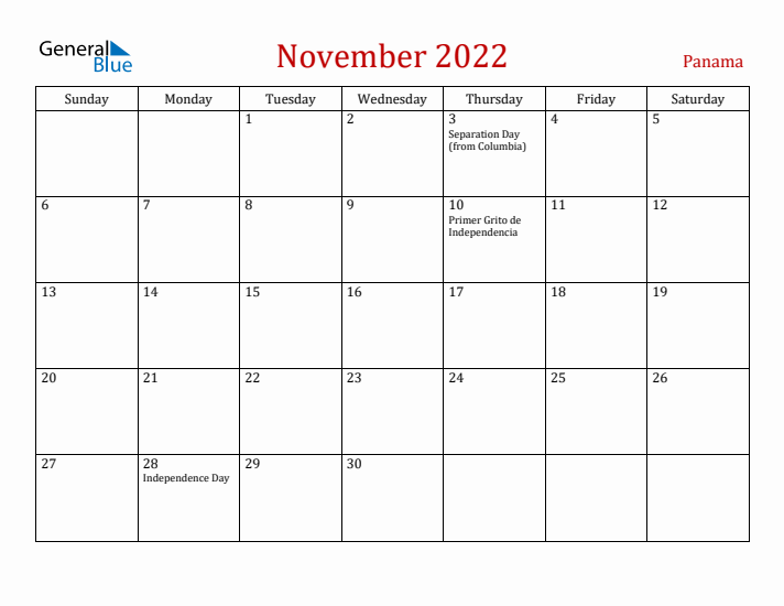 Panama November 2022 Calendar - Sunday Start