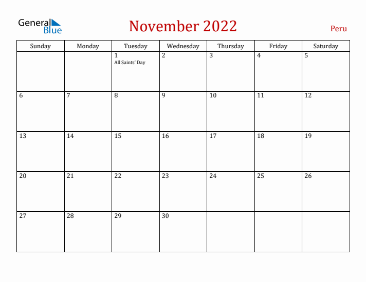 Peru November 2022 Calendar - Sunday Start