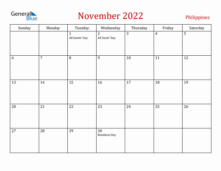 Philippines November 2022 Calendar - Sunday Start