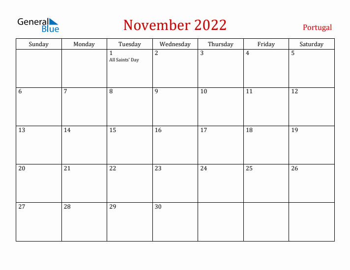 Portugal November 2022 Calendar - Sunday Start
