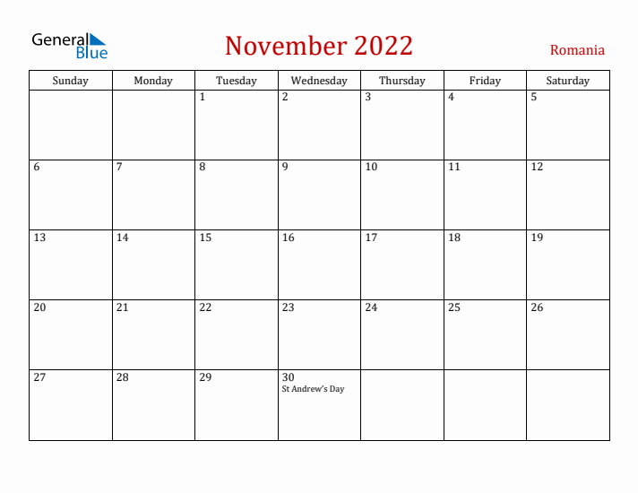 Romania November 2022 Calendar - Sunday Start