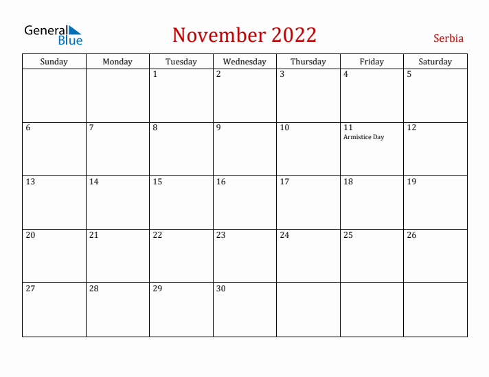Serbia November 2022 Calendar - Sunday Start