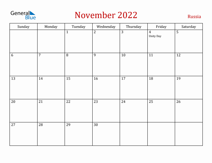 Russia November 2022 Calendar - Sunday Start