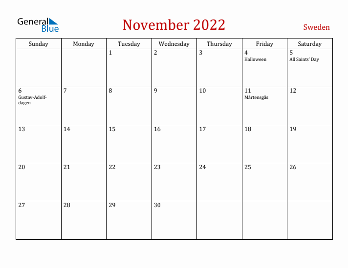 Sweden November 2022 Calendar - Sunday Start