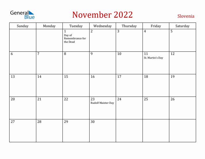 Slovenia November 2022 Calendar - Sunday Start