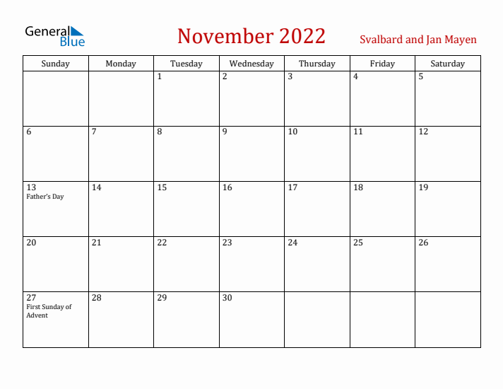 Svalbard and Jan Mayen November 2022 Calendar - Sunday Start