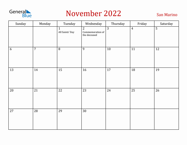 San Marino November 2022 Calendar - Sunday Start