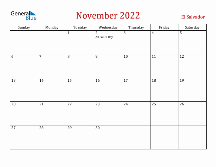 El Salvador November 2022 Calendar - Sunday Start