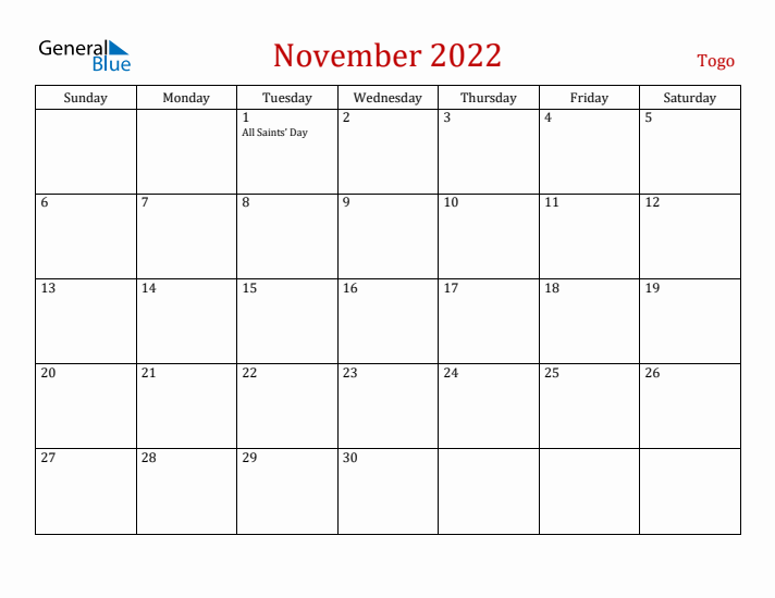 Togo November 2022 Calendar - Sunday Start