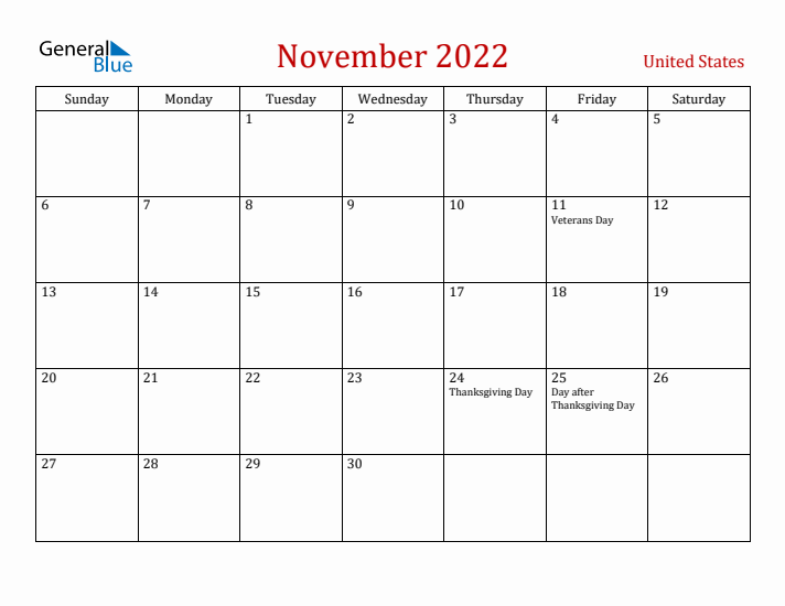 United States November 2022 Calendar - Sunday Start
